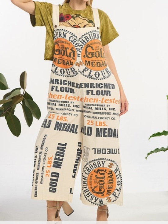 Pants - 248. Gold Medal Flour Print Wide-Leg Cotton Jumpsuit Vintage Inspired NEW